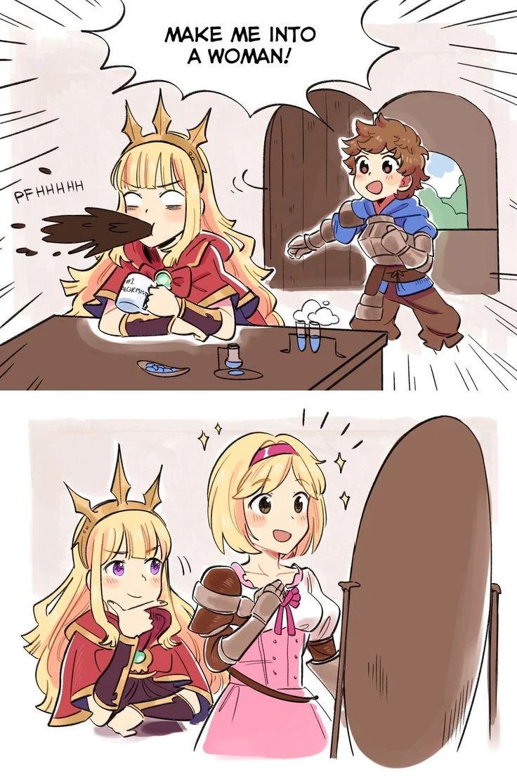 2 panel comic featuring Gran and Cagliostro from Granblue Fantasy. The former asks the latter to make him into a woman. The following panel shows Cagliostro and Djeeta in front of a mirror, with Cagliostro proud of her work and Djeeta admiring herself.
