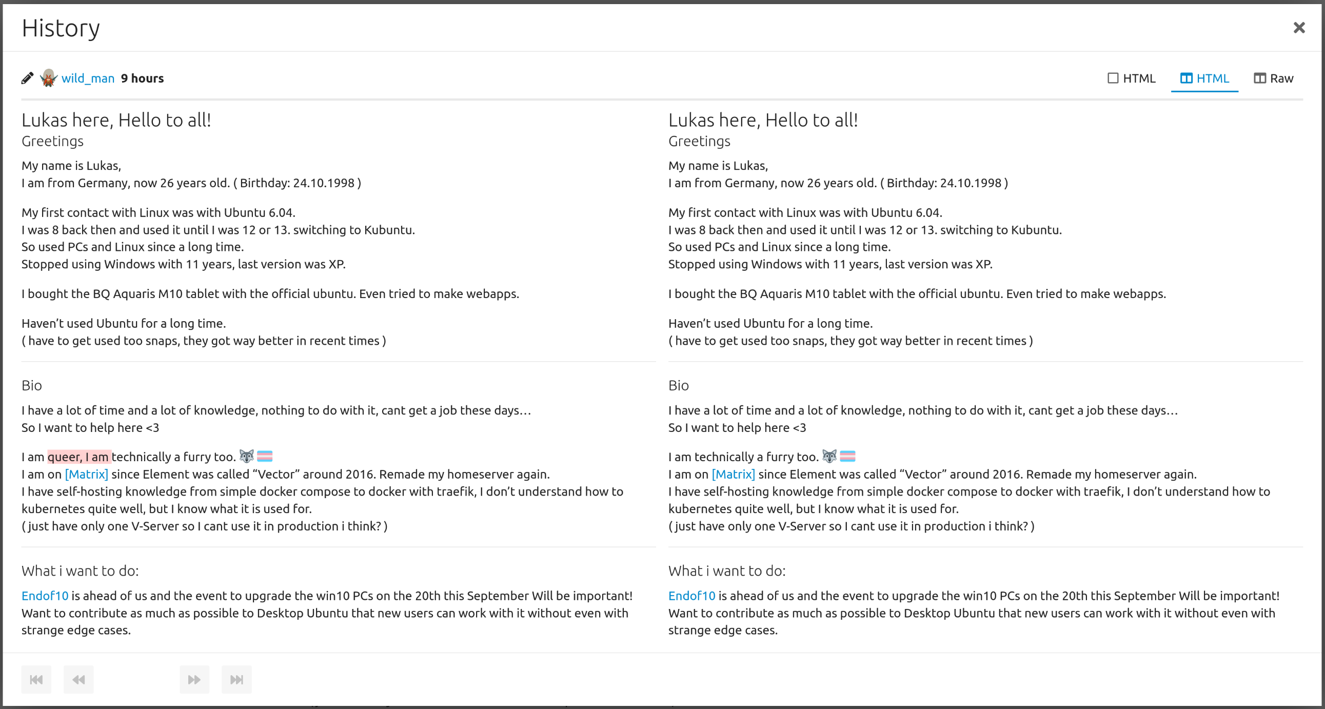Screenshot of a forum post, showing the versions before and after an edit. The sentence "I am queer, I am technically a furry too" was edited into "I am technically a furry too"