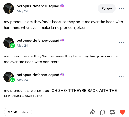 Tumbler screenshot: my pronouns are they/he/it because they he-it me over the head with hammers whenever i make lame pronoun jokes. me pronouns are they/her because they her-d my bad jokes and hit me over the head with hammers. my pronouns are she/it bc- OH SHE-IT THEYRE BACK WITH THE FUCKING HAMMERS