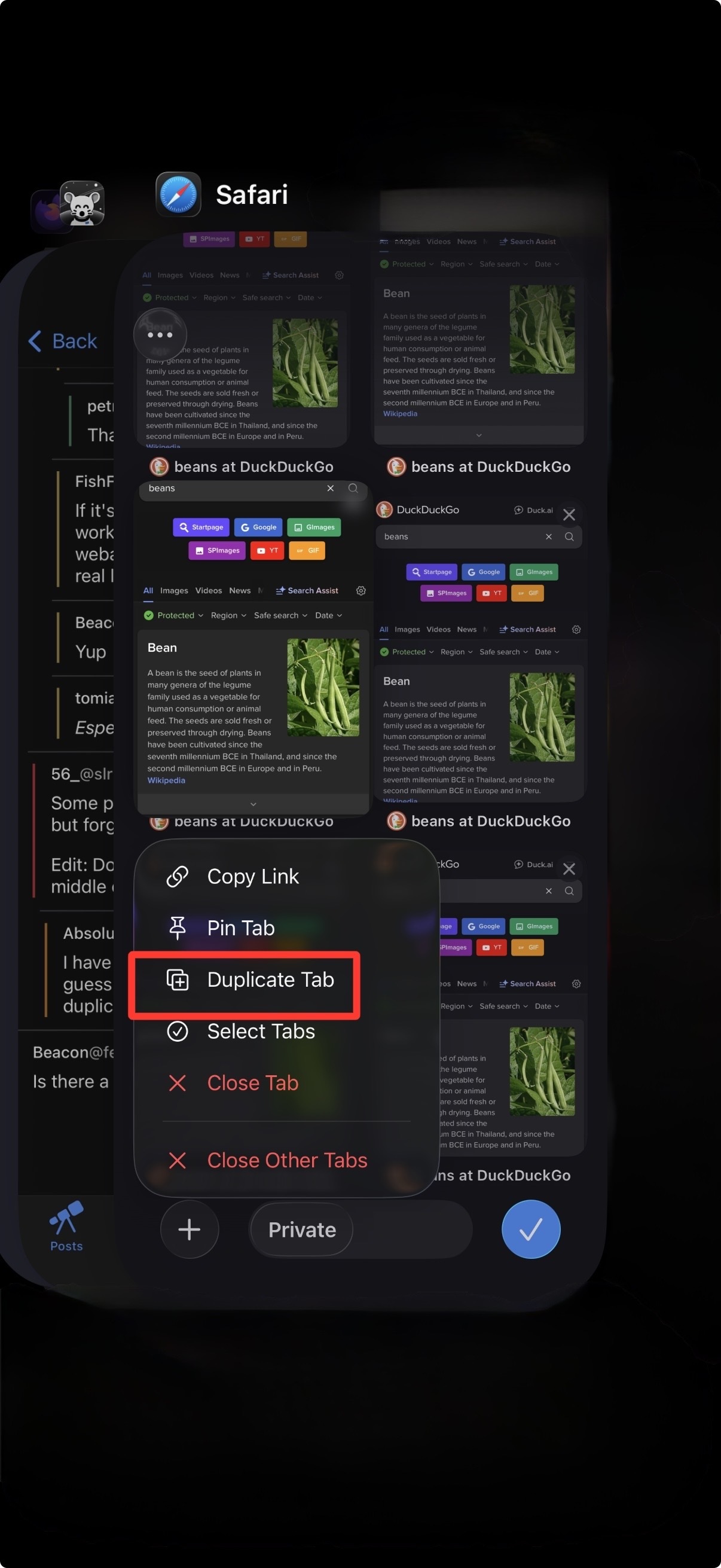 iOS 26 Safari screenshot showing all tabs view and menu including Duplicate