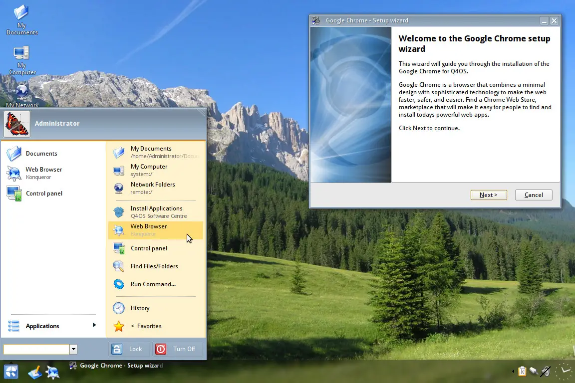 a desktop interface of q4OS that is similar to windows XP or 7 in design