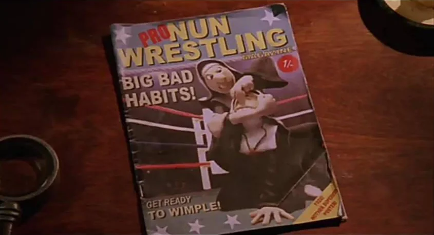 Image issue du film "Wallace & Gromit : le Mystère du Lapin-Garou" montrant un magazine spécialisé dans les combats de catch de nonnes