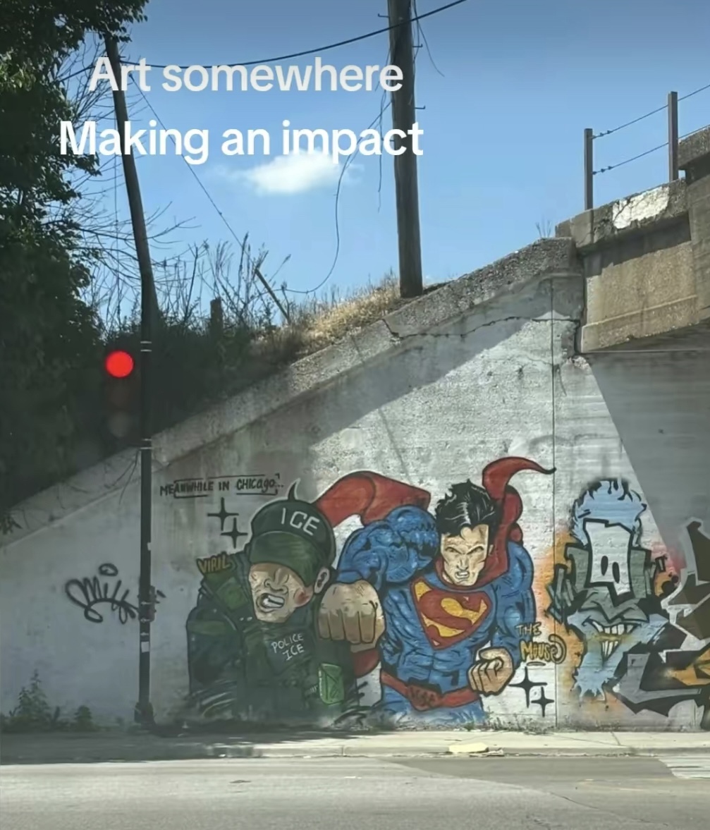 Art somewhere making an impact (Superman punching an ICE agent) [tiktok screenshot]