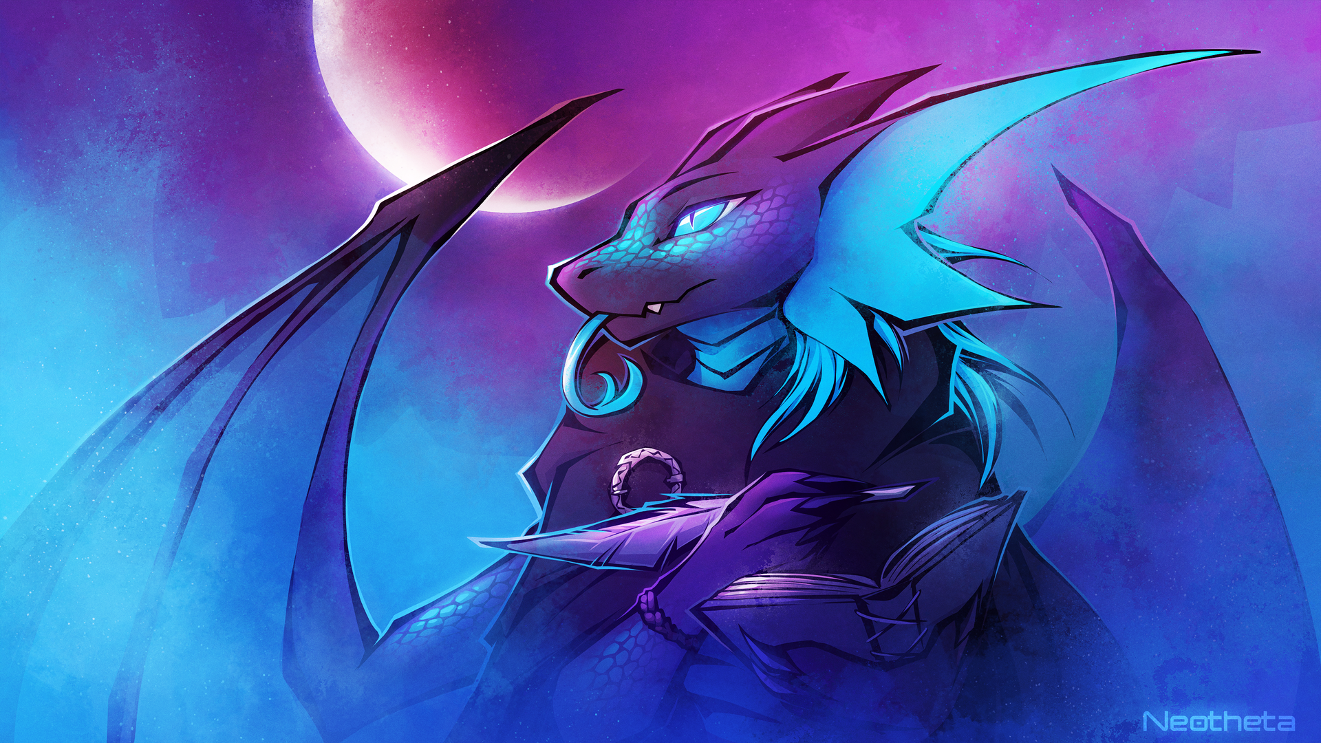 Drawing of a black and blue dragon with a book and feather pen, he is making notes, perhaps about the unusual weather.