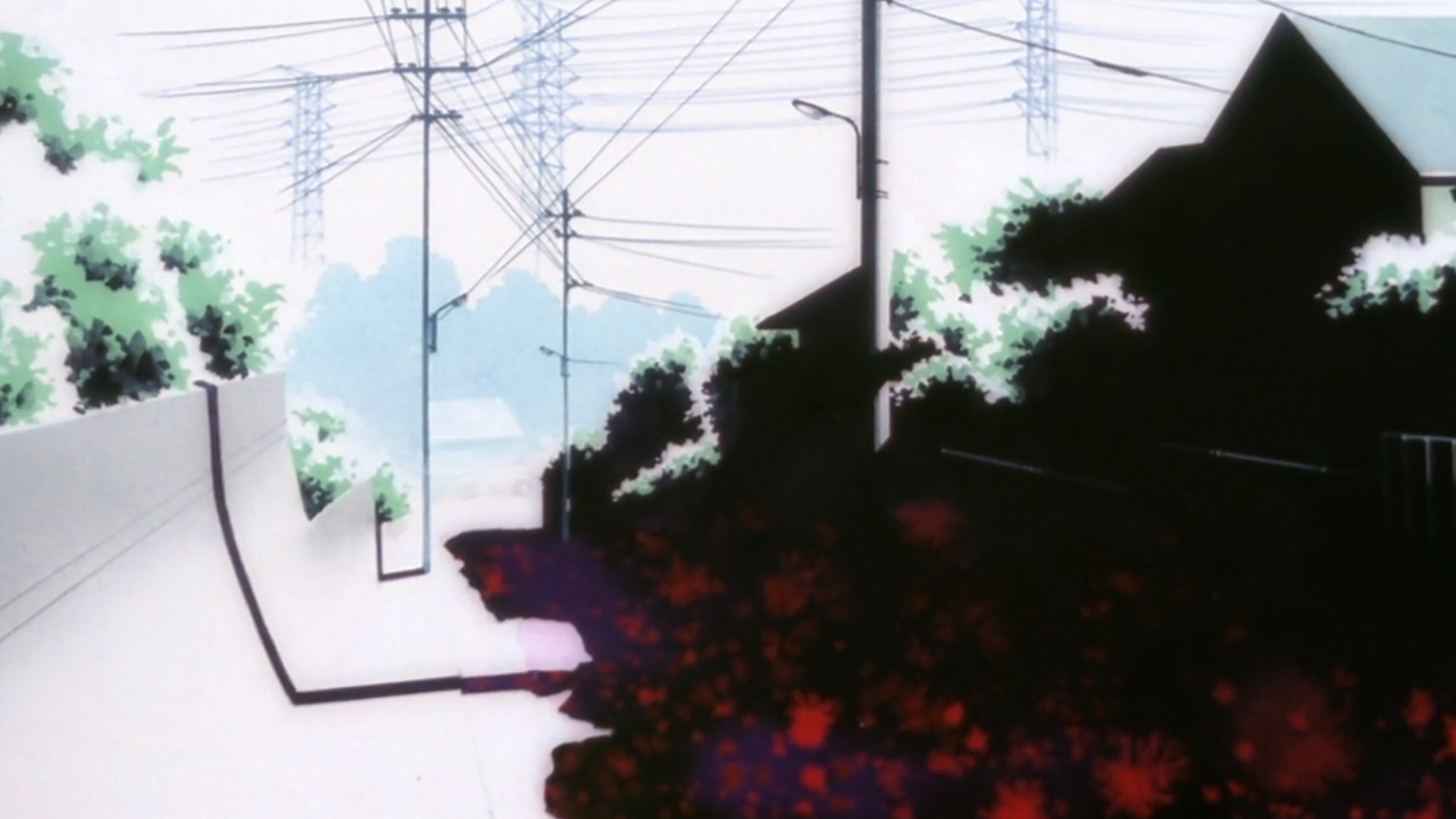 freeze-frame of the lain anime, a street with telephone wires is depicted with what seems like splotches of red paint in the street's shadowed part
