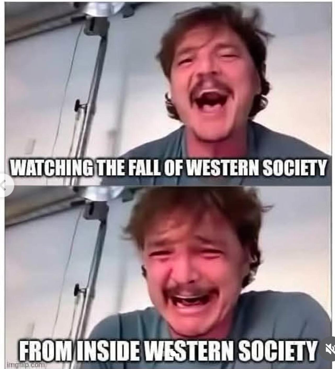 Top Panel: Pedro Pascal, laughing, with the text "watching the fall of western society". Bottom Panel: Pedro Pascal, crying, with the text "from inside western society".