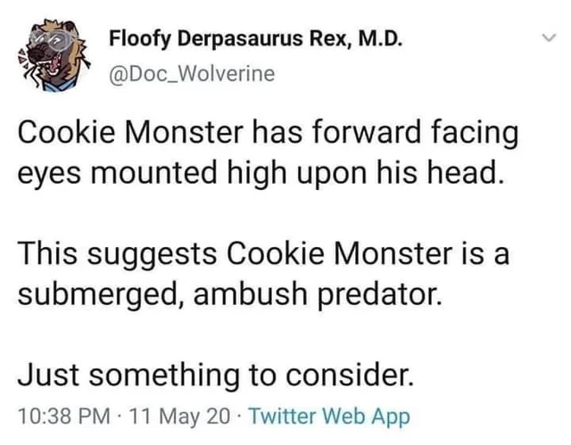 Cookie monster has forward facing eyes mounted high on his head. Cookie monster is a submerged ambush predator.