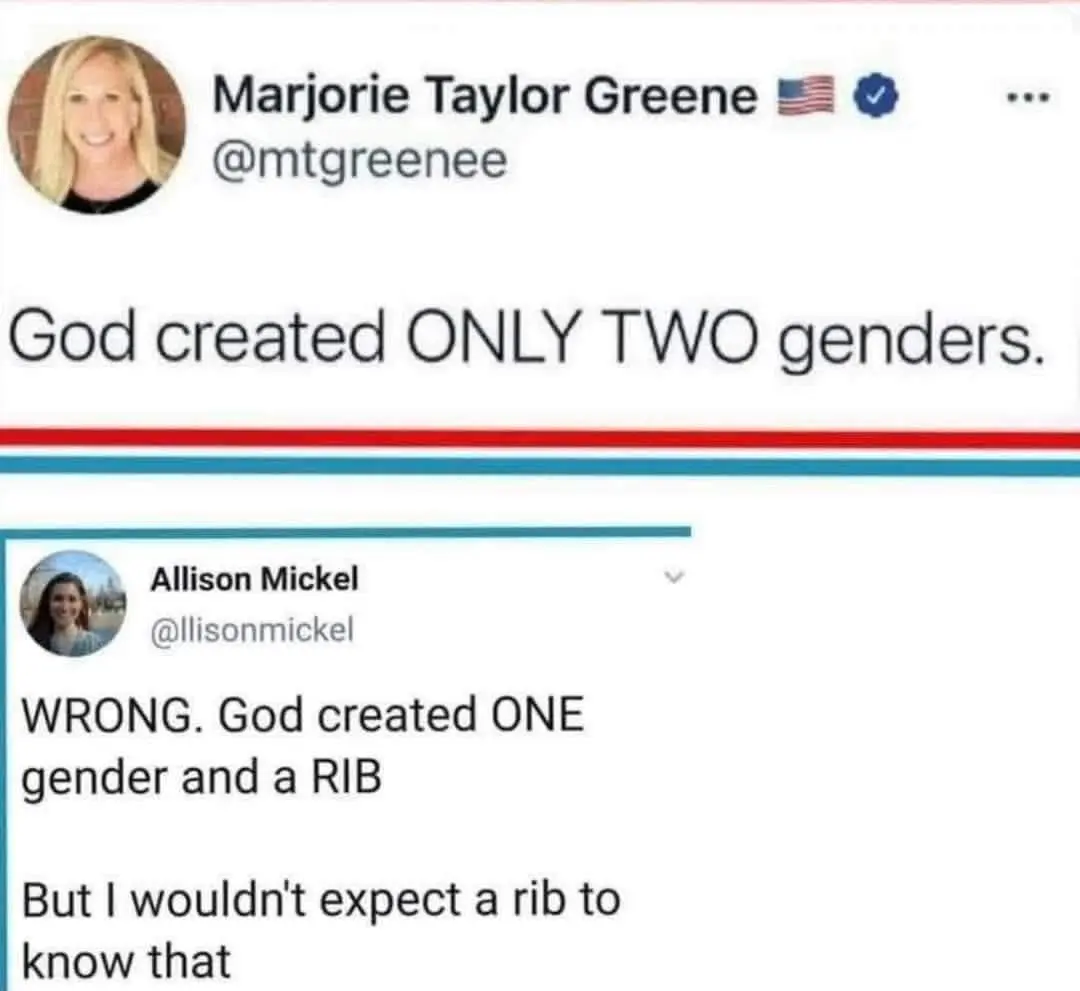 Tweet:

Marjorie Taylor Greene

@mtgreenee

...

God created ONLY TWO genders.

Reply:

Allison Mickel

@llisonmickel

WRONG. God created ONE gender and a RIB

But I wouldn't expect a rib to know that