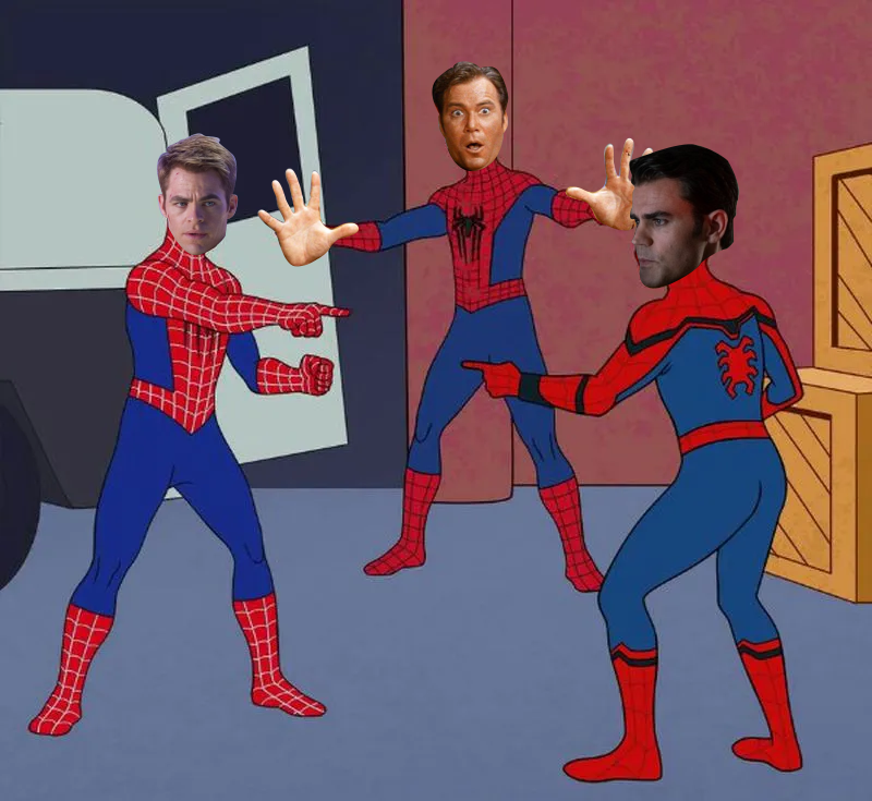 Chris Pine Kirk, William Shatner Kirk, and Paul Wesley Kirk, in Spider Man suits are pointing to each other, except for Shatner, who is doing his gasp and jazz hands.