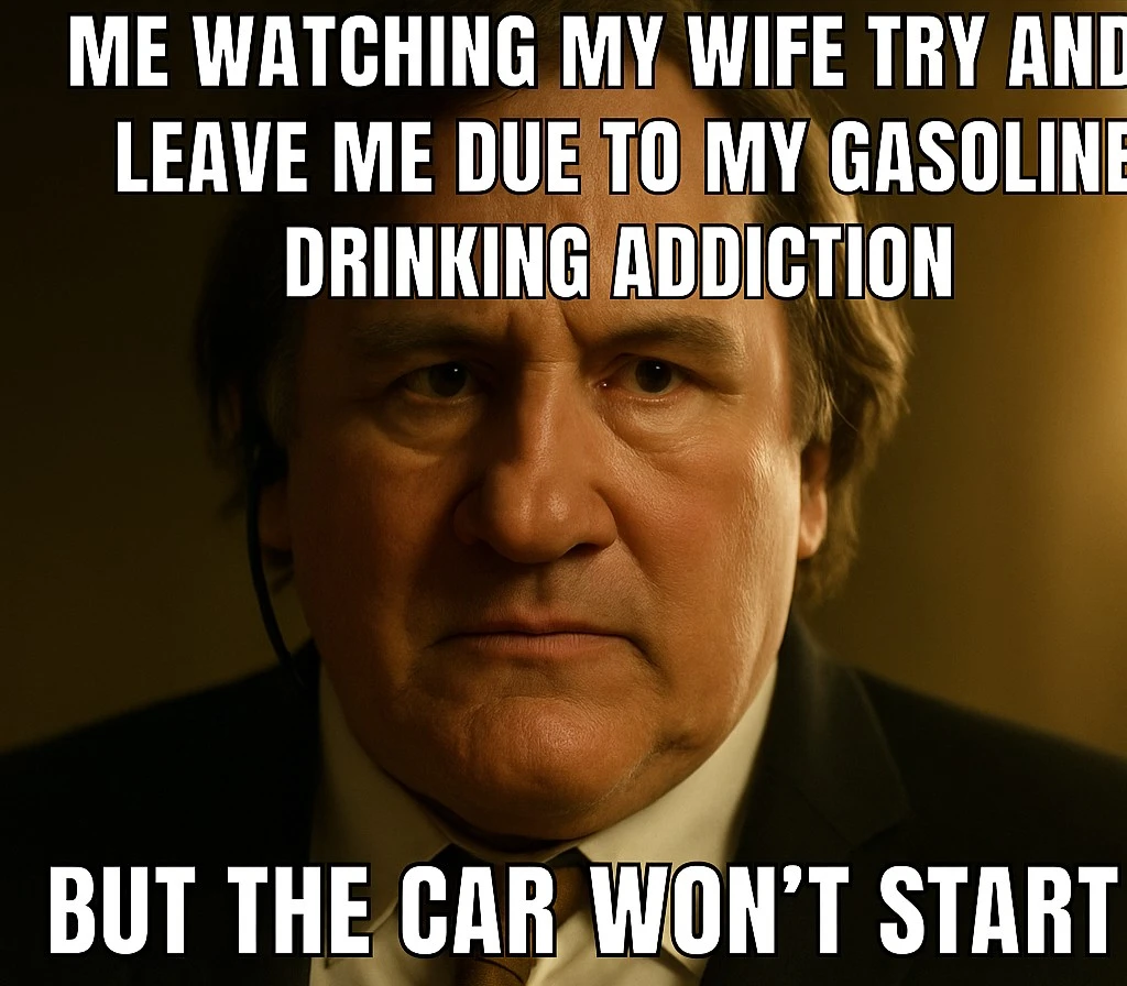Top text: me watching my wife try and leave me due to my gasoline drinking addiction. Bottom text: but the car won't start. Background: a portrait of Gerard Depardieu looking disappointed 