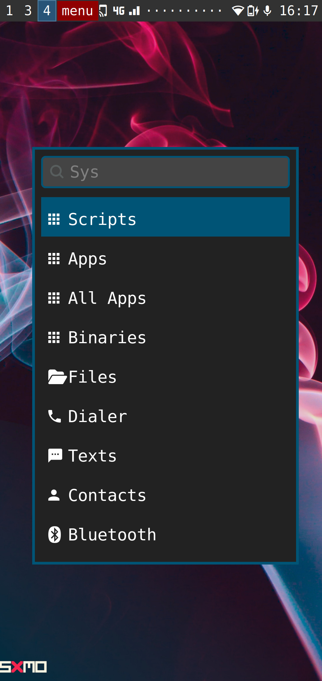 Screenshot of Sxmo's system menu, which is an overlay made of a search bar followed by multiple menu items with corresponding icons. The items are "Scripts", "Apps", "All Apps", "Binaries", "Files", "Dialer", "Texts", "Contacts" and "Bluetooth".