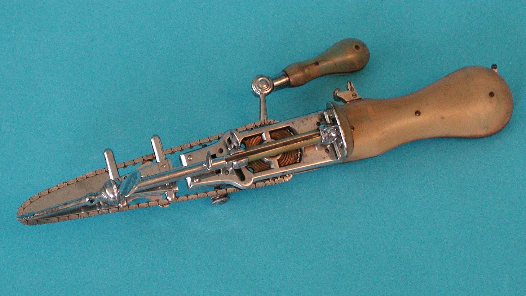 An image of an osteotome, the precursor to the chainsaw that was used to cut bone.